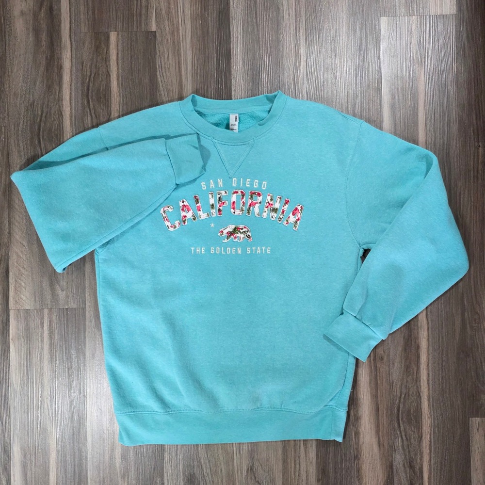 Teemax San Diego California‎ Golden State Floral Graphic Sweatshirt Aqua Blue S
